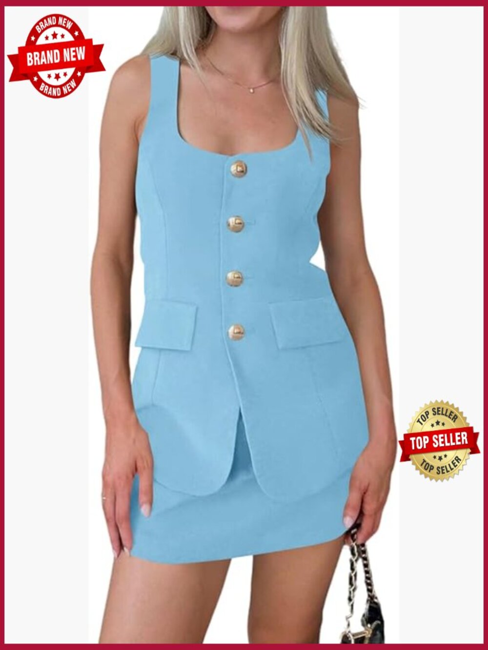 Sleeveless Scoop Neck Blazer Vest Matching Set Mini Skirt Short Suit Work 2